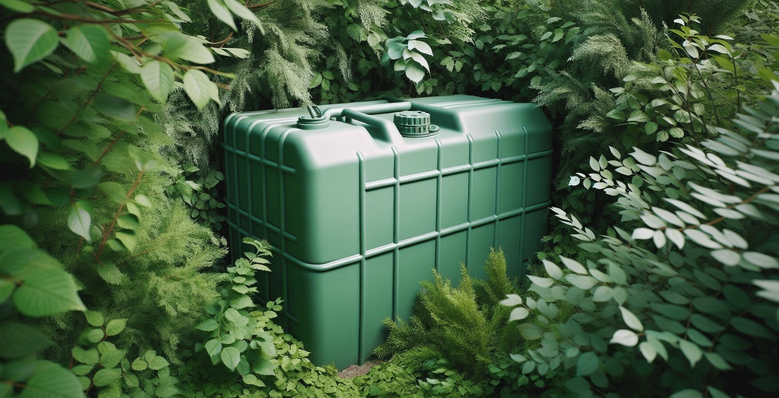 A rectangular green plastic oil tank, with a matte texture, sitting in a garden hidden in a bush