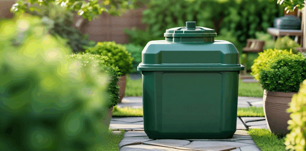 Domestic sized rectangular with lid plastic green oil tank in garden