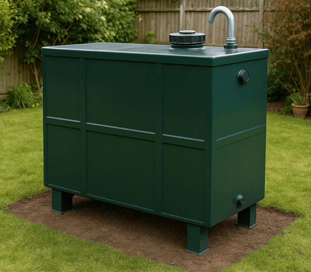 A green steel heating oil tank in the middle of a garden.