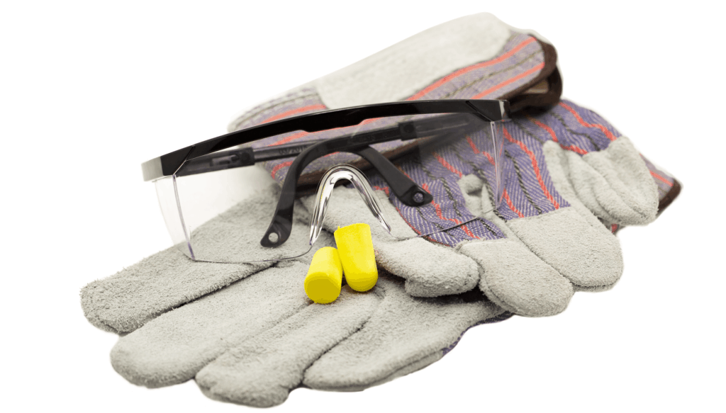 Personal Protection Equipment (PPE) including ear plug, glasses and working glove on white background with embedded clipping path
