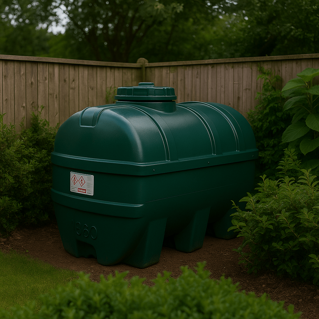 A heating oil tank in a corner of a garden surrounded by shrubs and bushes.