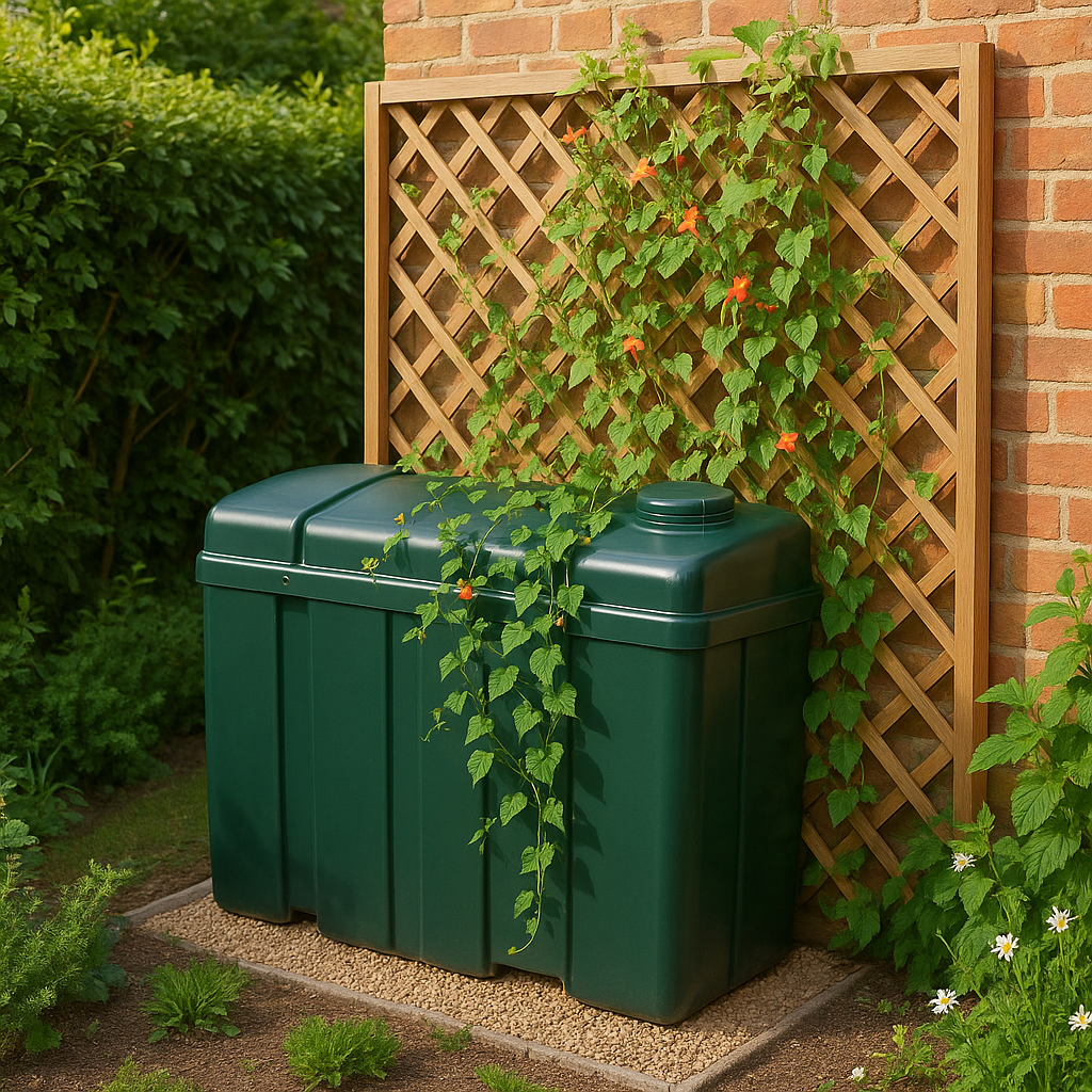 A heating oil tank up against some garden trellis with climbing plants hanging down across it.