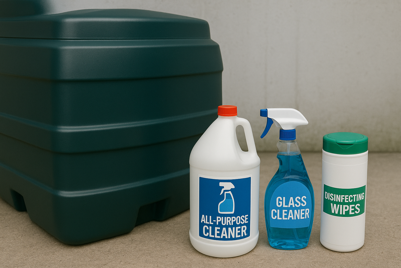 A diesel tank with a group of cleaning products next to it.