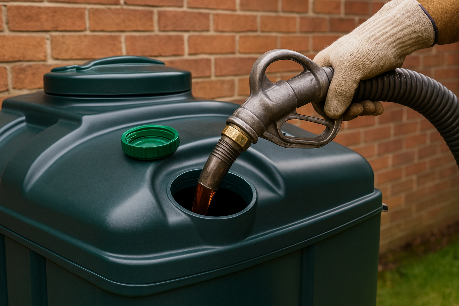 A gloved hand filling up an empty heating oil tank.