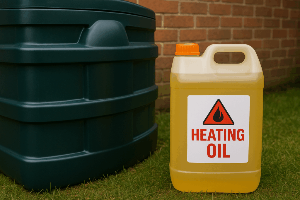 A bottle of heating oil next to a heating oil tank.