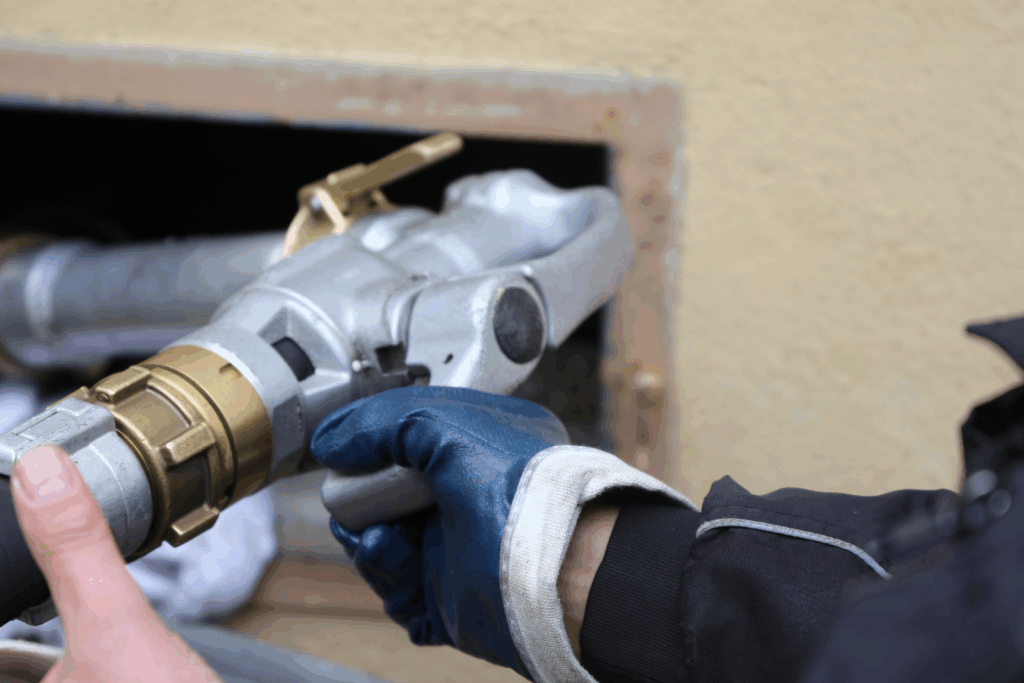 A close-up of transferring heating oil.